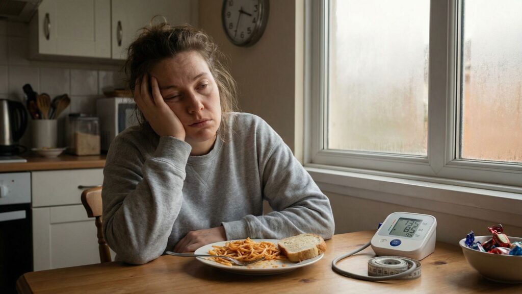 Fatigued person at kitchen table after carbohydrate meal surrounded by subtle insulin resistance symptom indicators including blood pressure monitor and measuring tape