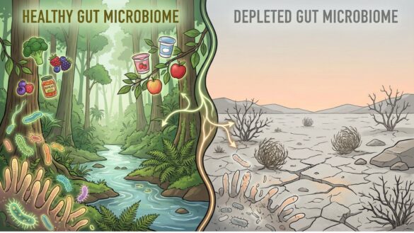 Split illustration comparing diverse rainforest gut microbiome with depleted desert microbiome showing vegetables and fermented foods representing bacterial diversity