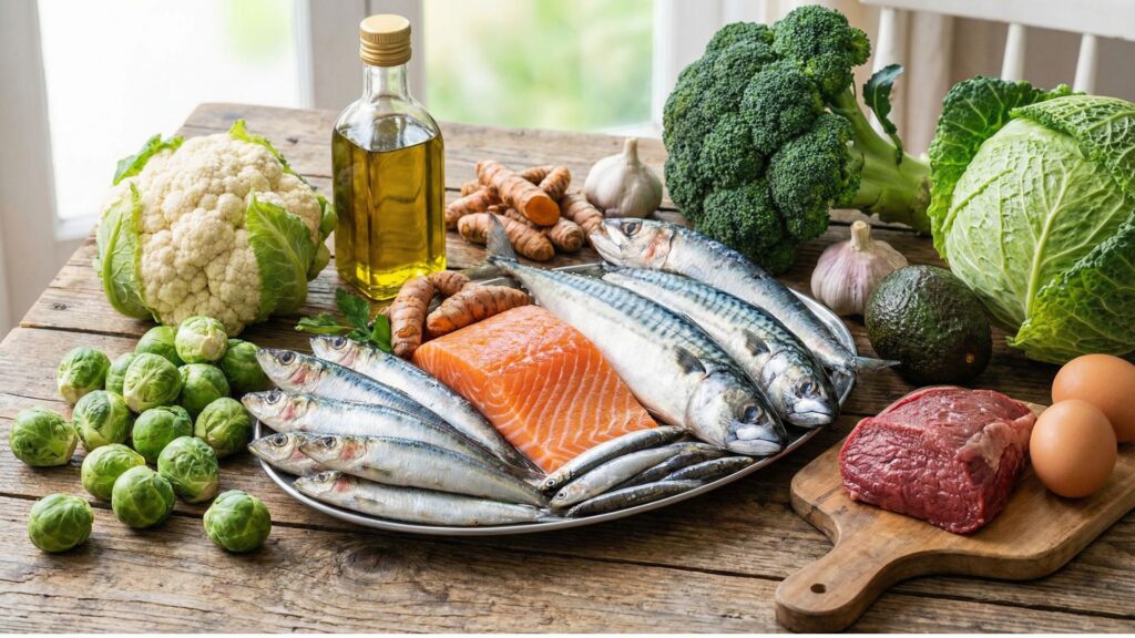 Assorted anti-inflammatory foods including fatty fish, cruciferous vegetables, olive oil, grass-fed beef, avocado, and turmeric, arranged on a rustic wooden surface