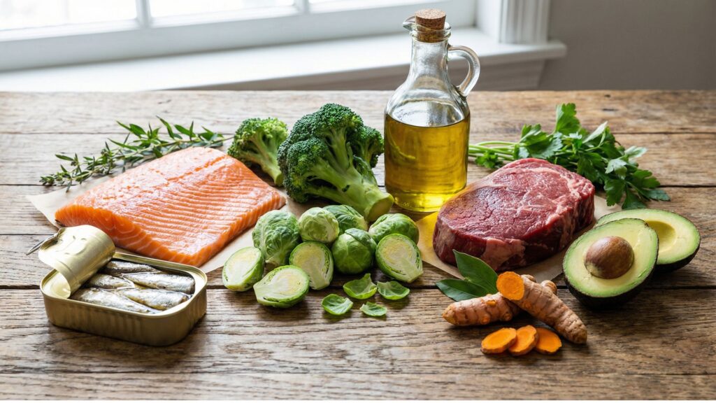 An assortment of anti-inflammatory foods including salmon, sardines, broccoli, Brussels sprouts, olive oil, grass-fed beef, avocado, and turmeric, displayed on a rustic wooden table