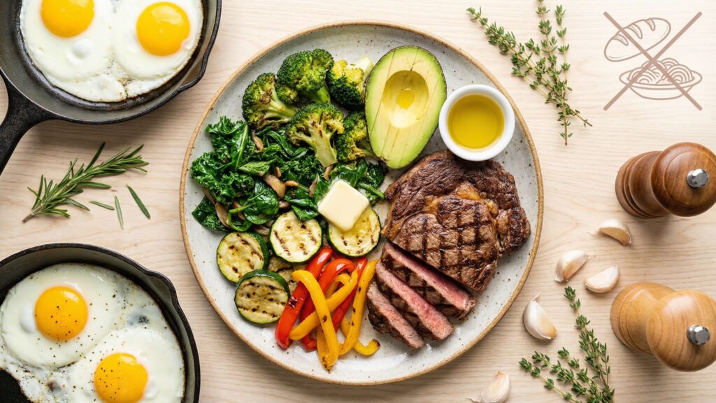 Ideal insulin sensitivity plate showing grass-fed steak, colorful non-starchy vegetables, avocado and olive oil with eggs and salmon nearby on wooden table