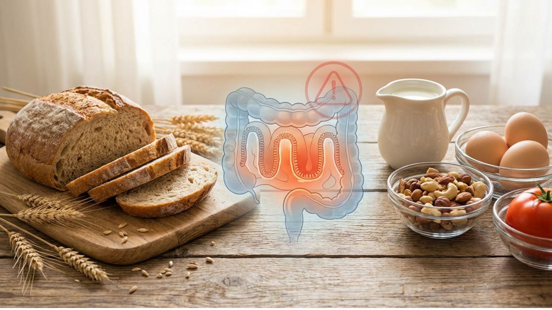 Common inflammatory food triggers including bread, wheat, dairy, eggs and nuts arranged on wooden surface illustrating food sensitivity concept