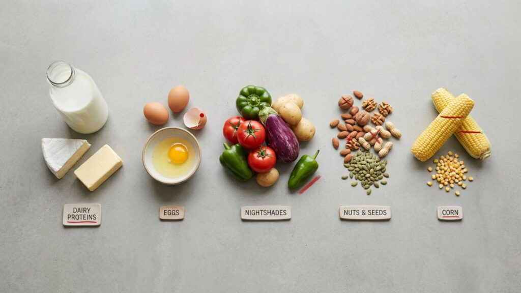 Common food triggers including dairy milk and cheese, eggs, nightshade vegetables tomatoes peppers and eggplant, mixed nuts, and corn arranged in groups on gray surface