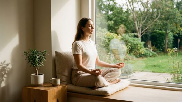Person meditating peacefully beside window with natural light representing stress reduction for inflammation relief