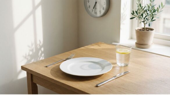 Empty plate with water glass and clock representing intermittent fasting for inflammation reduction
