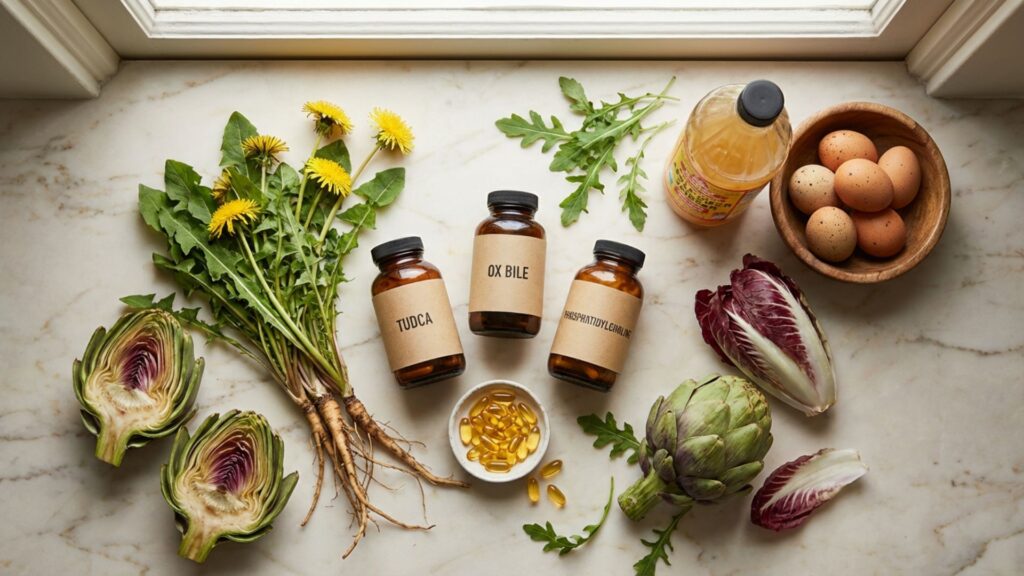 Natural bile flow remedies including TUDCA supplements, ox bile, dandelion root, artichokes, apple cider vinegar, eggs, and bitter greens arranged on marble surface