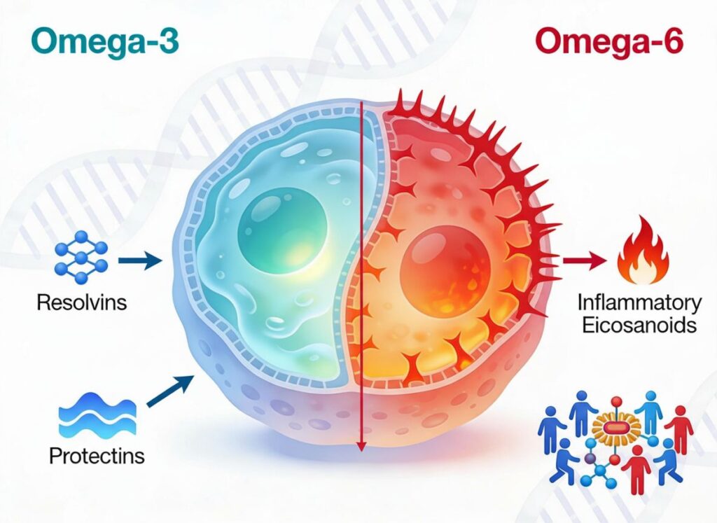 A scientific illustration showing the omega-3 anti-inflammatory pathway in an accessible, educational style. The central image depicts a stylized human cell with a fluid, healthy membrane on one side (labeled omega-3, shown in cool blue-green tones) versus a rigid, inflamed membrane on the other side (labeled omega-6, shown in warm red-orange tones). Around the cell, simplified molecular pathway arrows show omega-3 fatty acids being converted into resolvins and protectins (depicted as calming blue waves), while omega-6 converts into inflammatory eicosanoids (depicted as red flame-like shapes). A visual metaphor of two teams competing for enzyme access appears in one corner, with blue players outnumbering red players. Clean white background with modern infographic styling and subtle DNA helix elements representing gene expression effects.