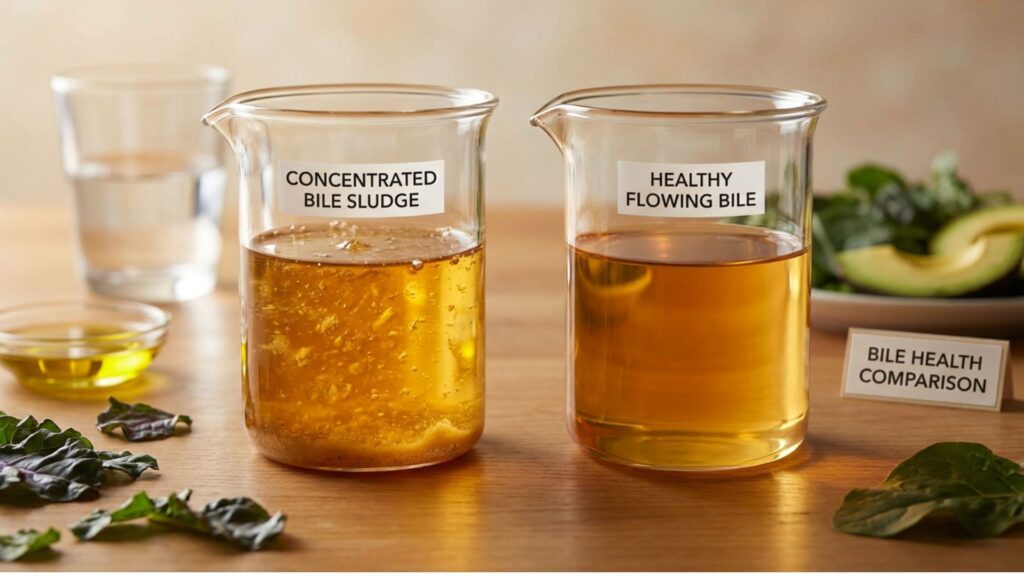 Comparison of thick concentrated bile sludge with crystalline particles versus healthy flowing bile alongside water and healthy fats illustrating bile sludge causes