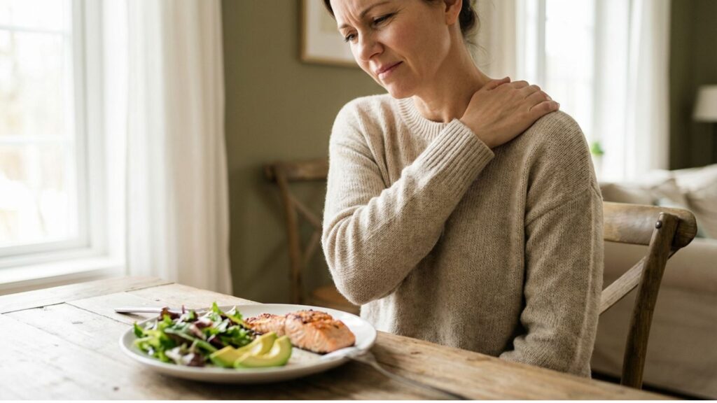 Woman at dining table gripping her right shoulder in pain after eating a meal with healthy fats showing symptoms of bile sludge and duct congestion