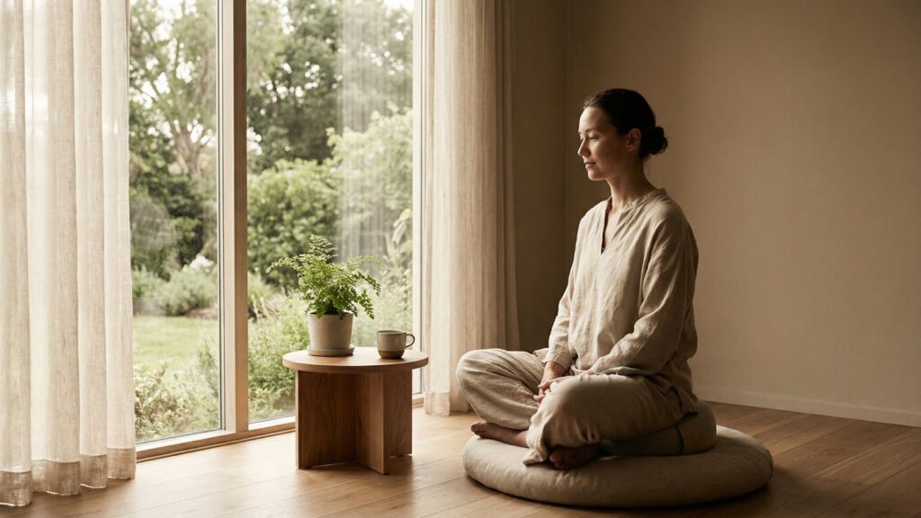 Person meditating peacefully beside window with natural light representing stress reduction for inflammation relief