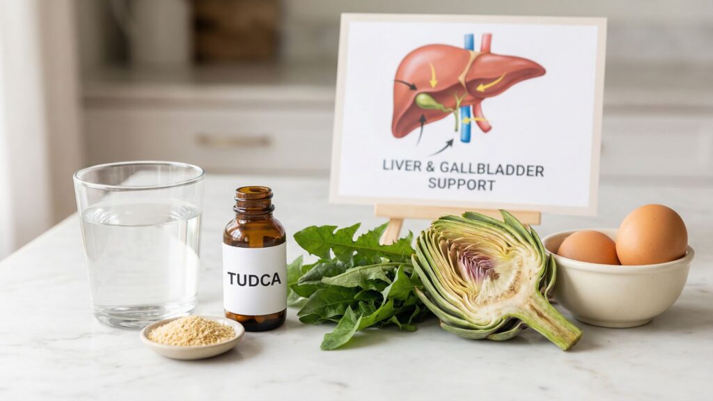 Natural bile flow remedies including TUDCA supplement, apple cider vinegar, dandelion greens, artichoke and eggs on marble surface