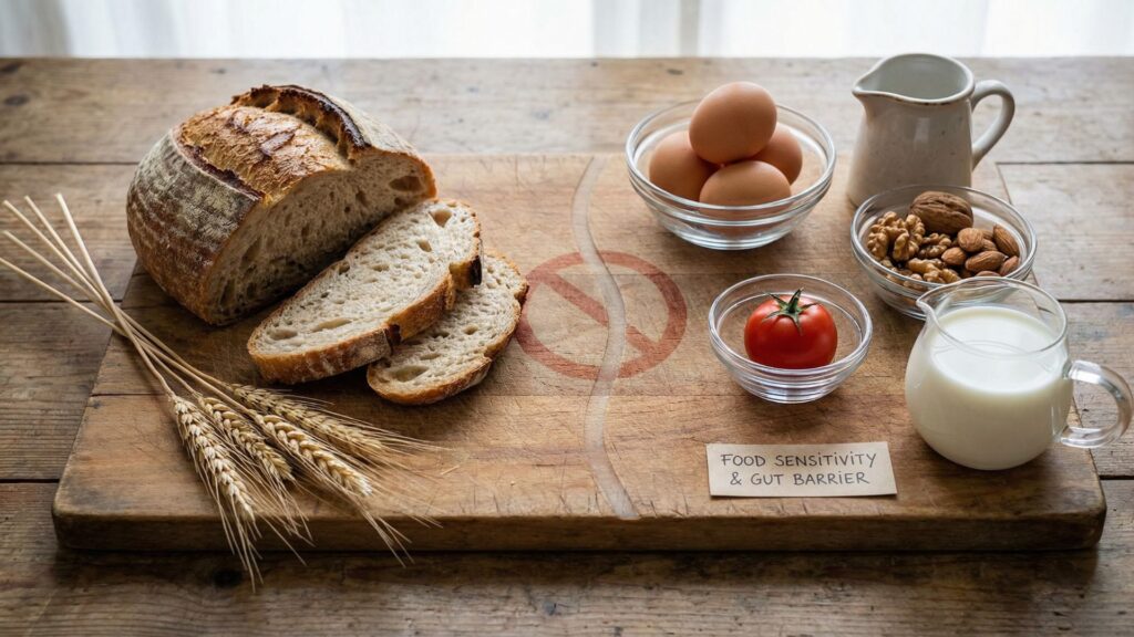 Common inflammatory food triggers including bread, wheat, dairy, eggs and nuts arranged on wooden surface illustrating food sensitivity concept