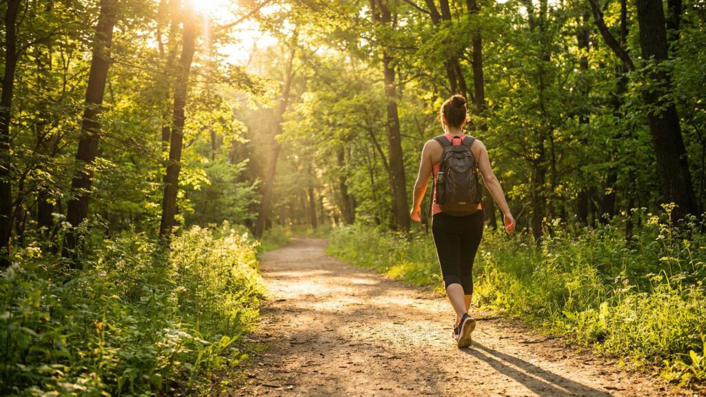 Person walking confidently on sunlit nature trail representing health journey and natural inflammation recovery