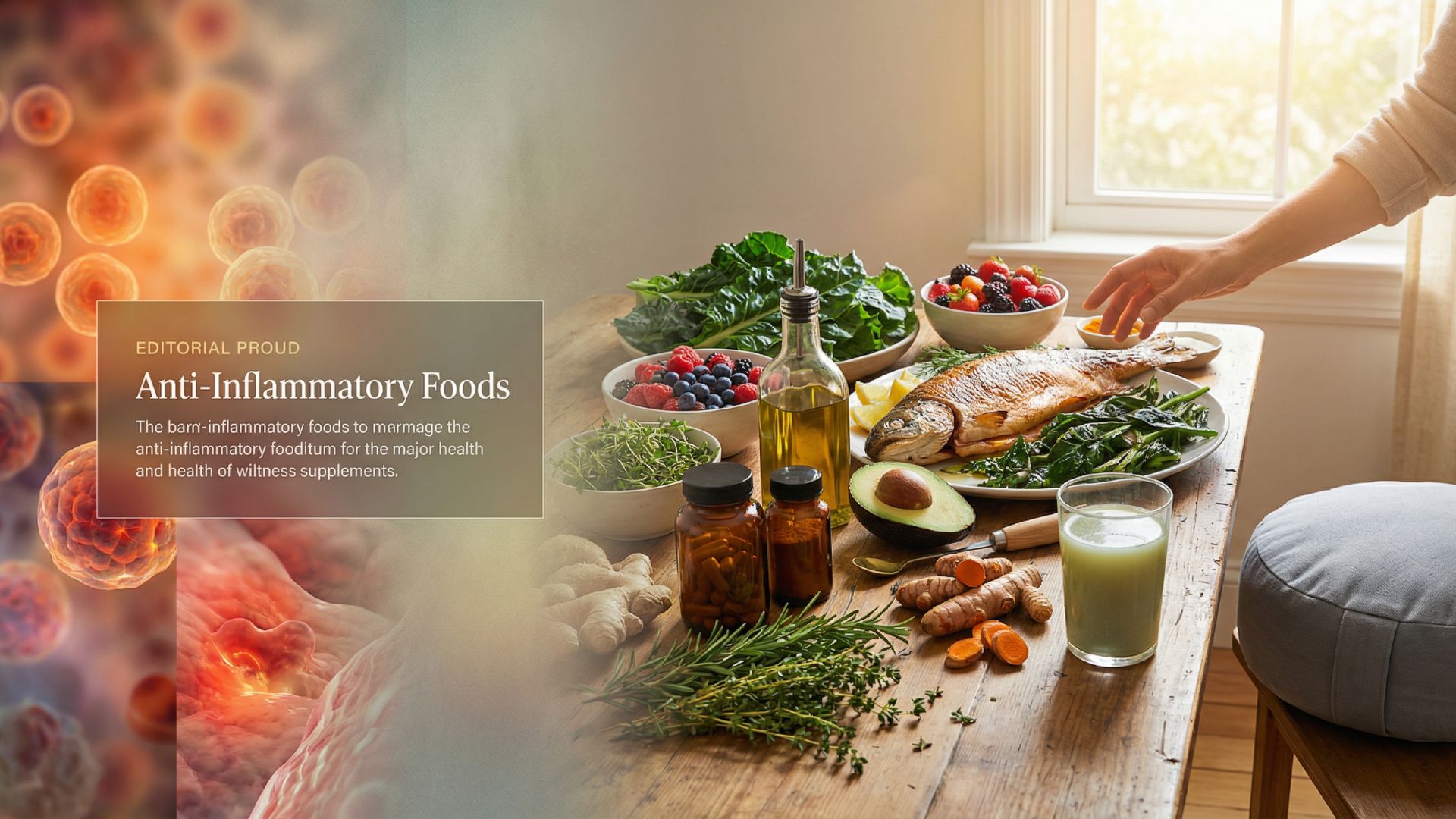 Comprehensive natural inflammation guide showing transformation from inflammatory state to vibrant health through anti-inflammatory foods, supplements, and lifestyle elements including salmon, vegetables, turmeric, meditation and morning sunlight