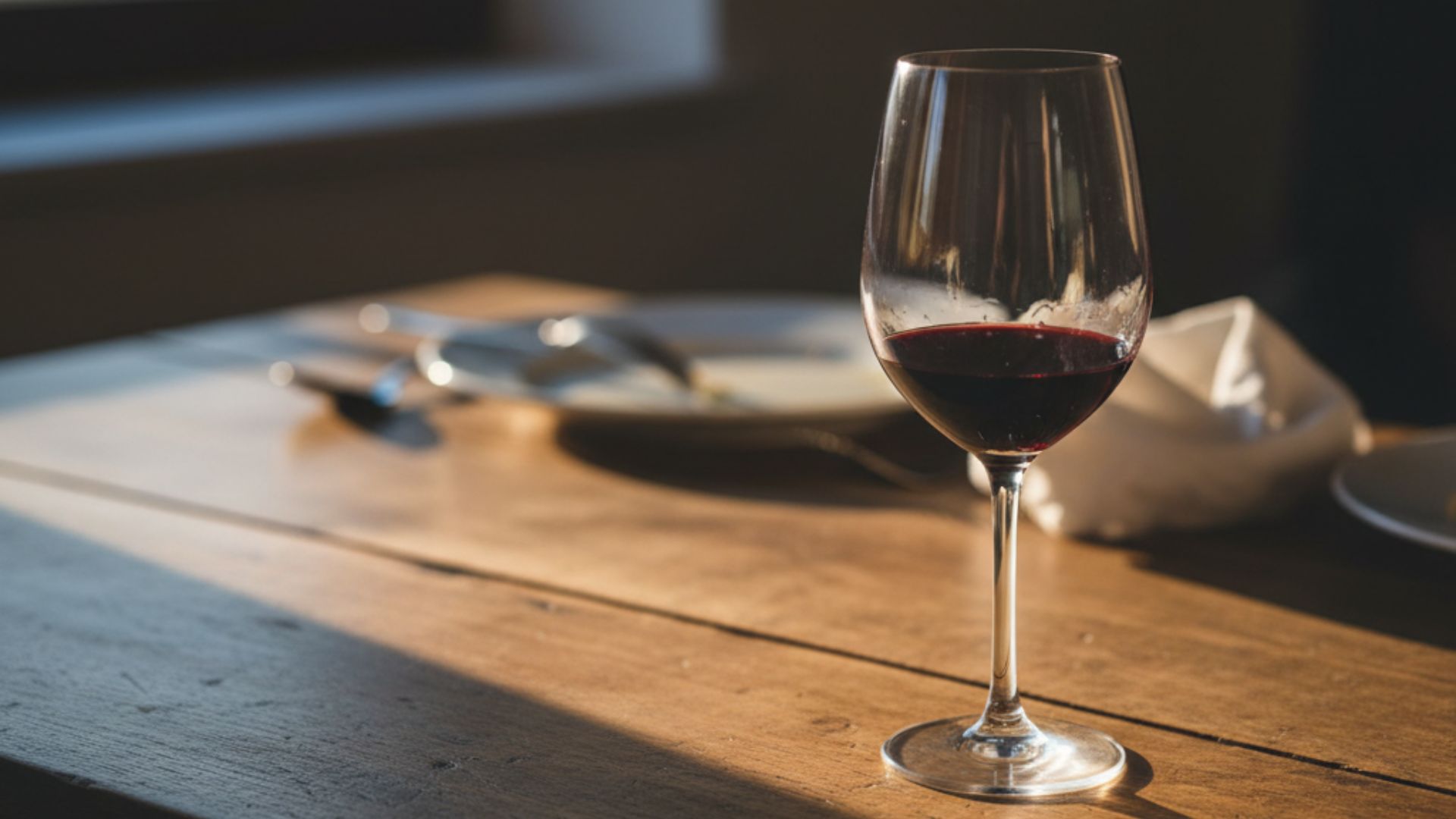 Half-empty wine glass on wooden table in evening light suggesting reflection on drinking habits