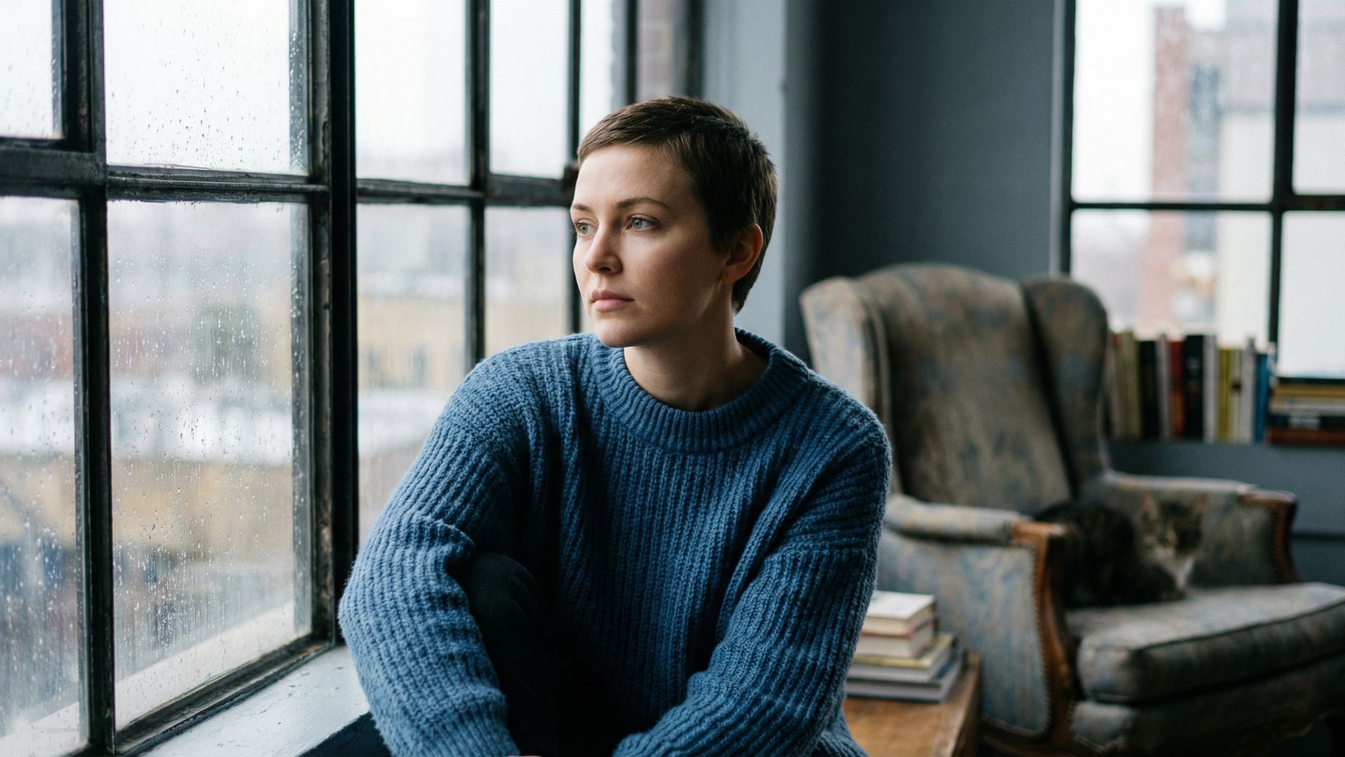 Young adult sitting pensively by apartment window in natural light reflecting on pandemic-era changes