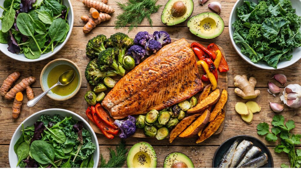 Anti-inflammatory foods including wild salmon, cruciferous vegetables, avocado, olive oil and fresh herbs arranged on rustic wooden table