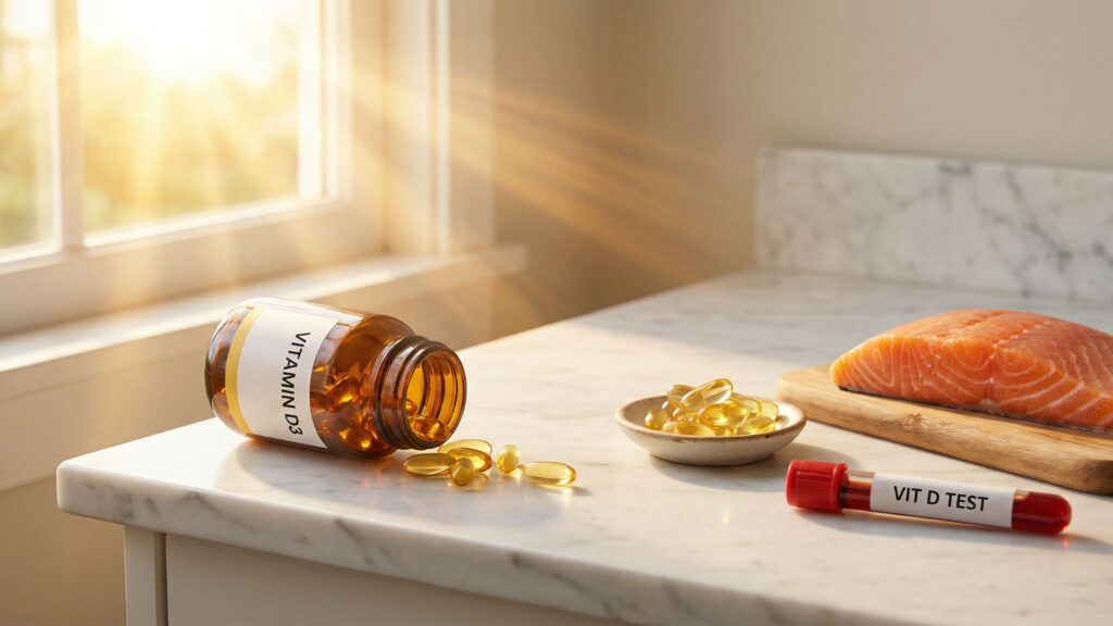 Vitamin D3 supplements in amber bottle with capsules, cod liver oil and salmon in natural sunlight on marble surface