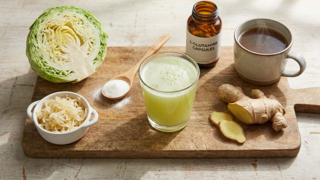 Natural gut inflammation remedies including fresh cabbage juice, sauerkraut, supplements and bone broth on wooden cutting board