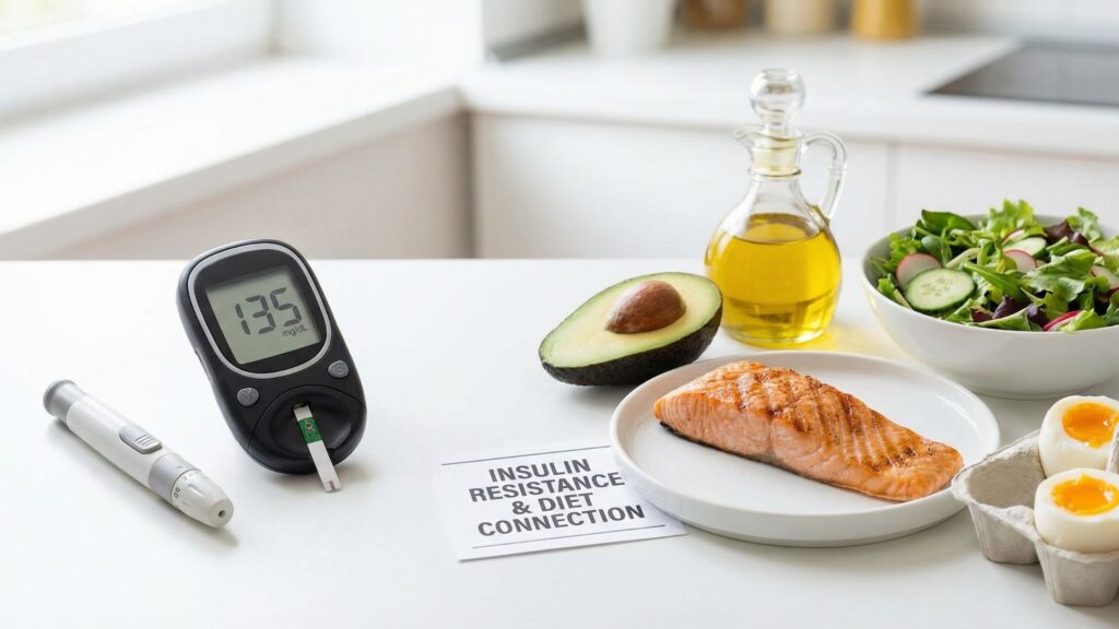 Blood glucose meter contrasted with low-carb anti-inflammatory foods including salmon, avocado, olive oil and eggs