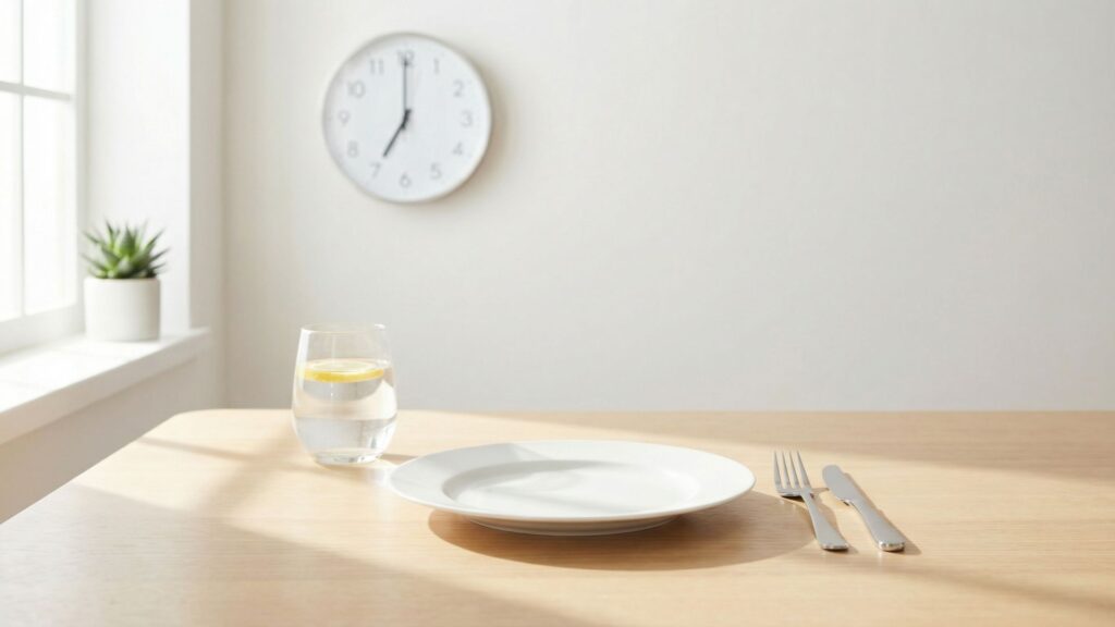 Empty plate with water glass and clock representing intermittent fasting for inflammation reduction