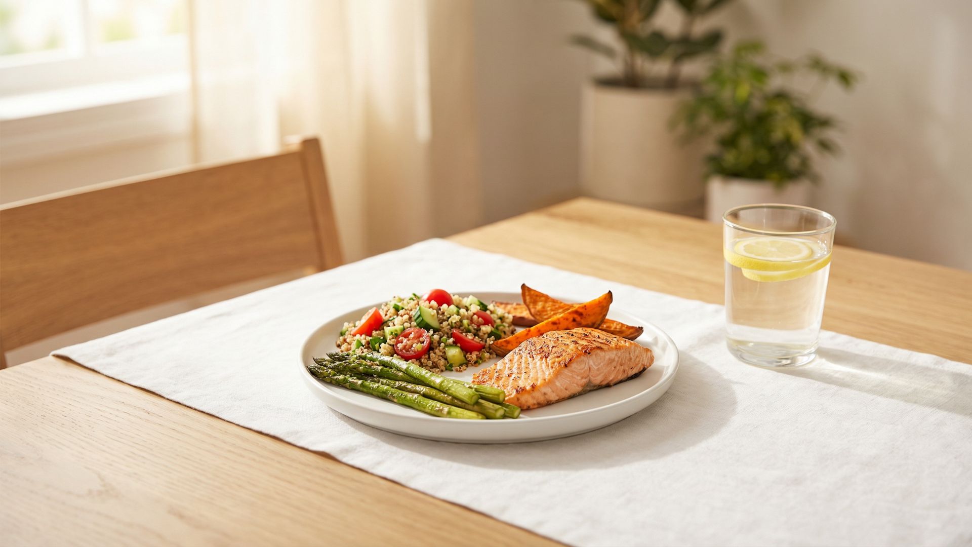 Balanced healthy meal with lean protein, vegetables, and whole grains on modern plate representing comprehensive GLP-1 nutrition approach