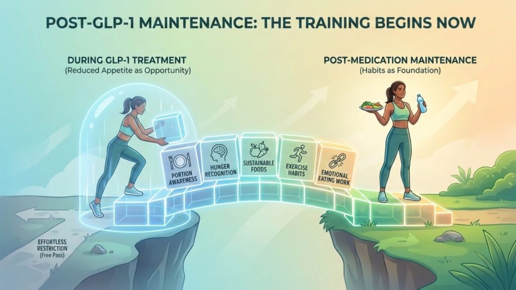 Illustration showing post-GLP-1 maintenance, where a woman builds healthy habits like portion control, hunger awareness, sustainable eating, exercise, and emotional eating management to transition from medication to long-term weight maintenance.