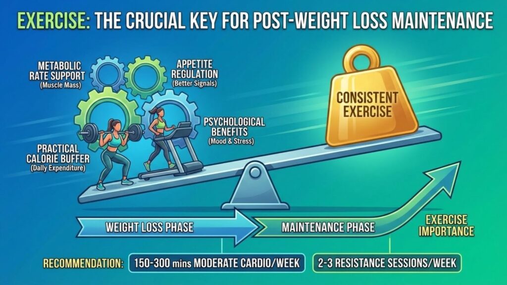 Infographic showing exercise as key to post-weight loss maintenance, highlighting benefits like metabolic support, appetite regulation, calorie burn, and mental health, with recommendations of 150–300 minutes of cardio and 2–3 strength sessions per week.