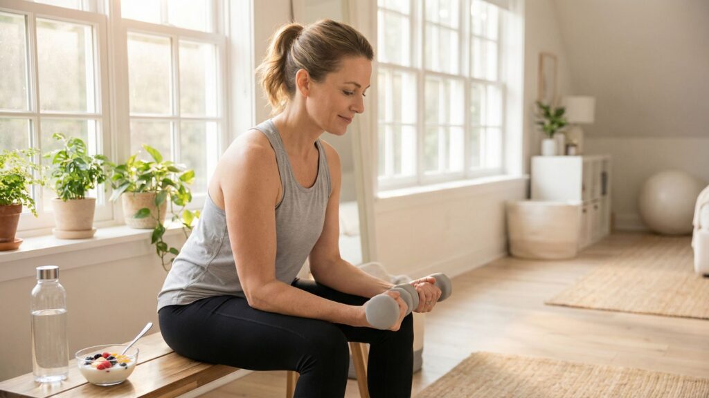 Woman performing dumbbell resistance exercise in bright home gym to preserve muscle during weight loss