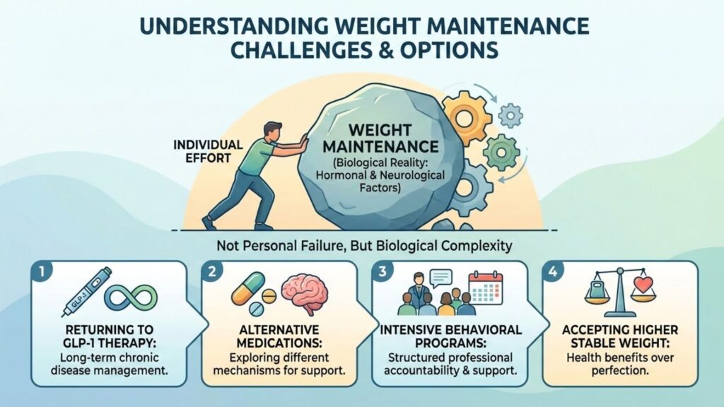 Infographic explaining weight maintenance challenges, showing biological factors behind weight regain and options like returning to GLP-1 therapy, alternative medications, behavioral programs, and accepting a stable higher weight.