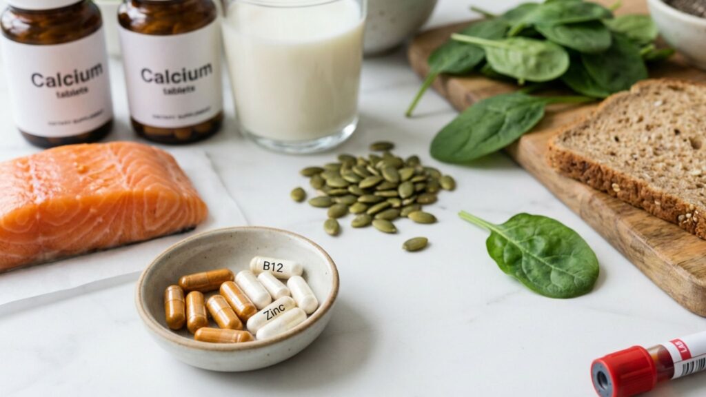 Supplement bottles and vitamin capsules arranged with vegetables and blood test vial representing micronutrient monitoring on GLP-1 medications