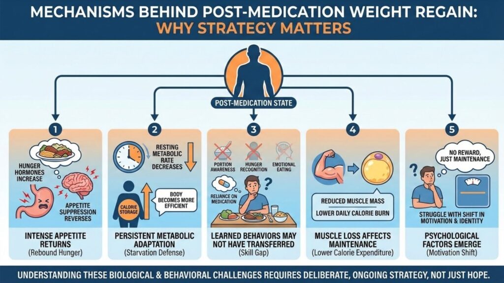 Infographic explaining five reasons people may regain weight after stopping medication: (1) increased hunger hormones and return of appetite, (2) slowed metabolism and greater calorie storage efficiency, (3) lack of transferred eating skills and reliance on medication, (4) reduced muscle mass lowering daily calorie burn, and (5) psychological challenges such as decreased motivation and identity shift. The graphic emphasizes that long-term strategy is needed to maintain weight loss.