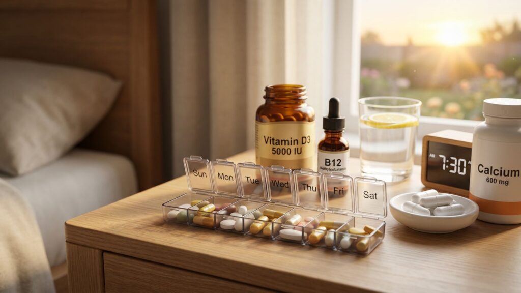 Organized daily supplement routine with pill organizer, vitamin D3, B12, magnesium, and calcium bottles on wooden shelf representing GLP-1 supplementation strategies