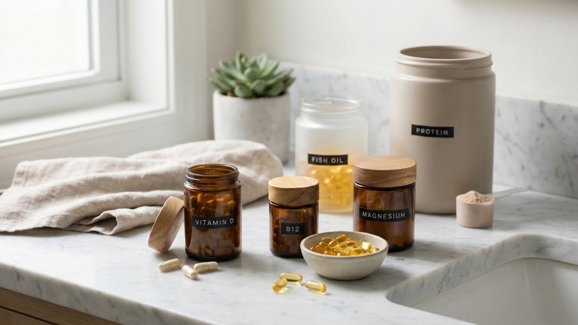Supplement bottles including vitamin D, B12, magnesium, and fish oil arranged on marble counter for GLP-1 medication support
