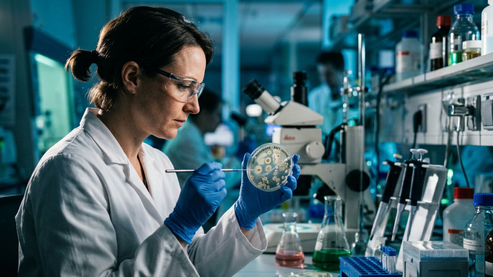 Scientist examining bacterial cultures in petri dish in modern microbiology laboratory with blue lighting