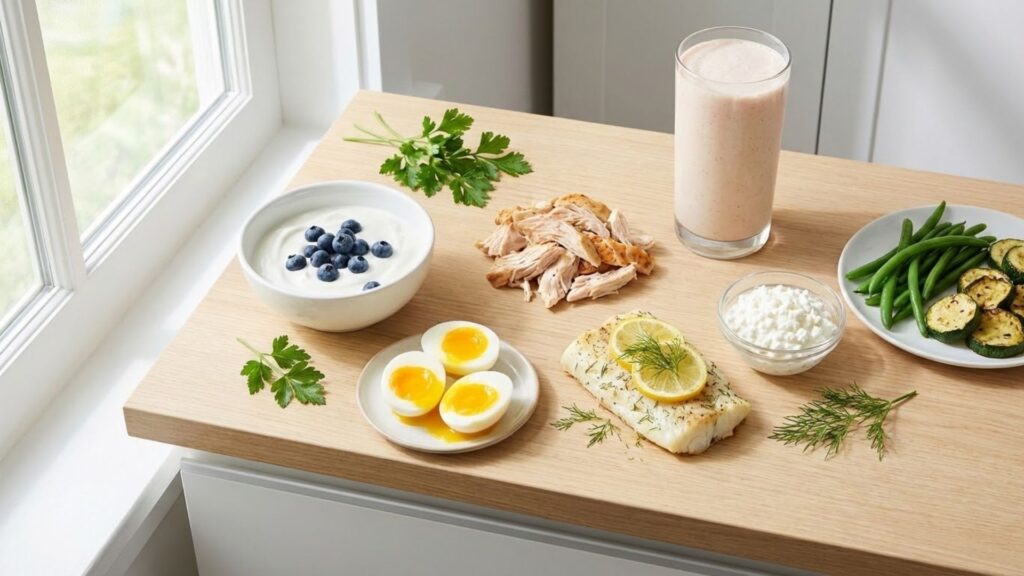 Flat lay of GLP-1 friendly foods including Greek yogurt with berries, soft-boiled eggs, shredded chicken, baked white fish, cottage cheese, steamed vegetables, and protein smoothie on light kitchen counter