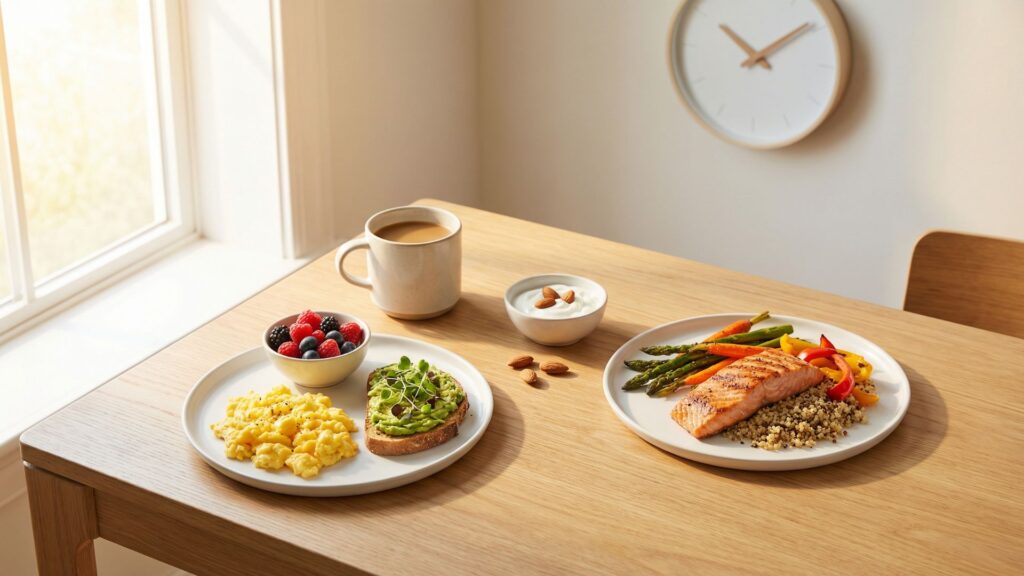 Two-meal daily eating pattern with brunch and dinner plates showing balanced portions for GLP-1 medication users