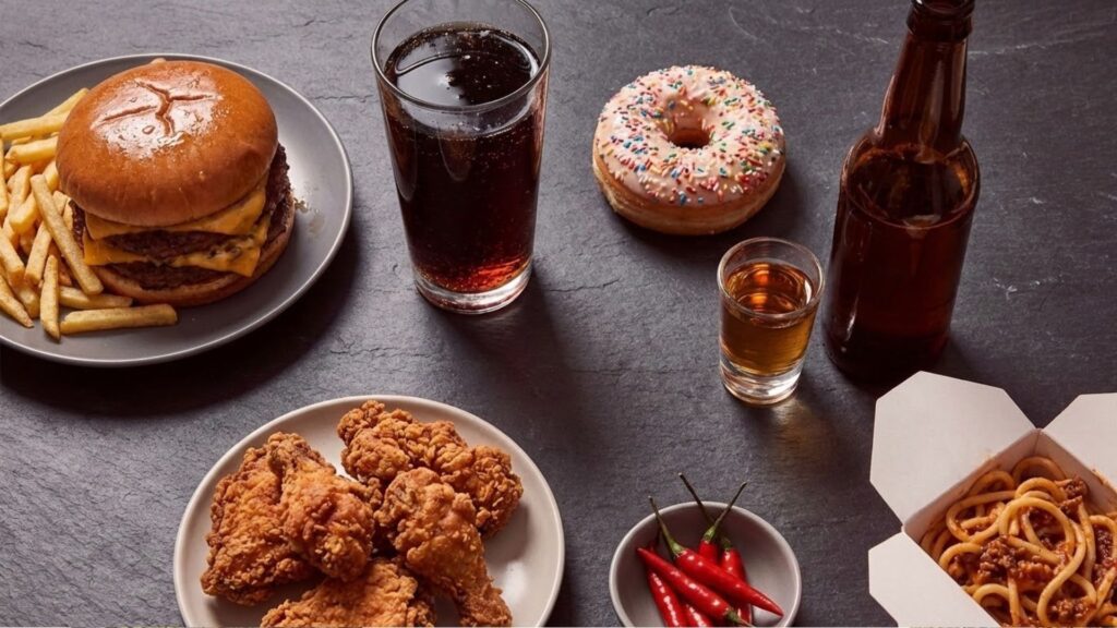 Foods to avoid on GLP-1 medications including fried chicken, greasy burger and fries, carbonated soda, sugary donut, alcohol, and spicy peppers on dark surface