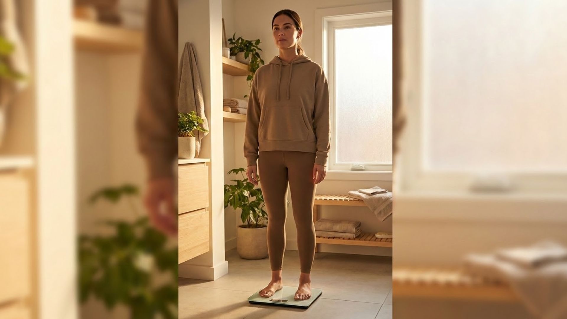 Woman standing confidently on bathroom scale in bright modern bathroom representing healthy weight maintenance after GLP-1 treatment