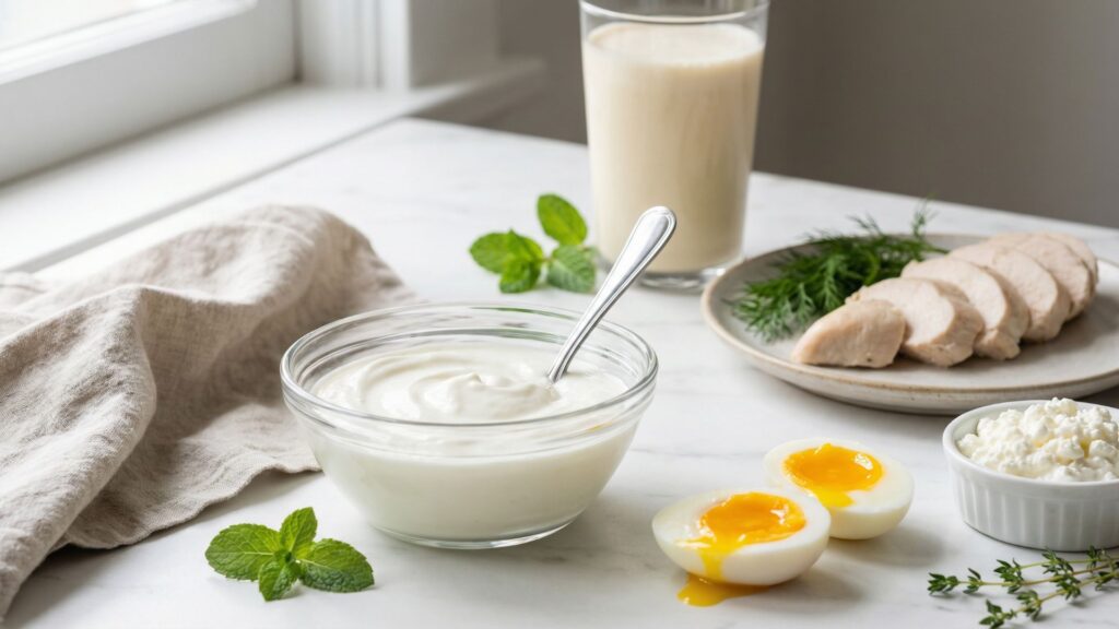 High-protein foods for GLP-1 users including Greek yogurt, eggs, cottage cheese, poached chicken, and protein shake arranged on marble countertop