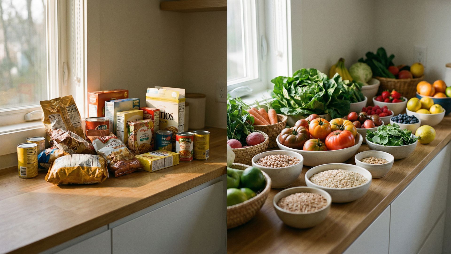 Kitchen counter showing contrast between processed packaged foods and fresh whole foods including vegetables fruits and legumes in natural light