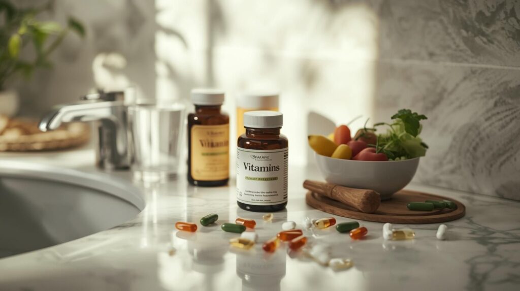 Supplement bottles including vitamins D, B12, and magnesium arranged on marble counter with vegetables representing GLP-1 nutritional support