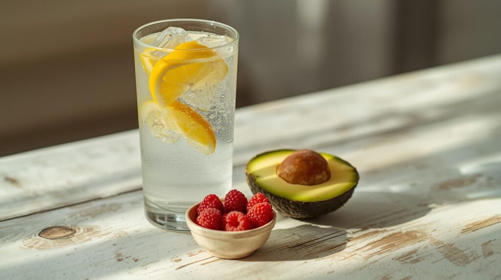 Glass of water with lemon alongside raspberries and avocado representing hydration and fiber sources for GLP-1 users