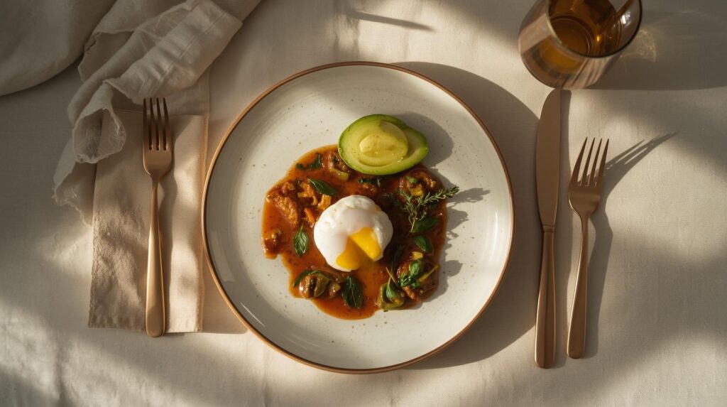 Editorial photography of a perfectly portioned healthy meal on a small ceramic plate including poached eggs, steamed vegetables, and a small portion of avocado, elegant minimalist table setting with linen napkin and simple cutlery, soft natural window light creating gentle shadows, warm earth tones suggesting nourishing simple food, overhead angle showing the complete plate composition, 16:9 aspect ratio, 1536x864, elevated food photography style, no text overlay