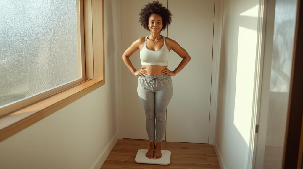 Woman standing confidently on bathroom scale in bright modern bathroom representing healthy weight maintenance approach after GLP-1 treatment