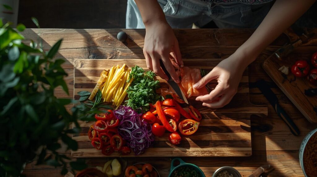 Hands preparing colorful healthy meal with vegetables and lean protein in sunlit modern kitchen representing intentional GLP-1 nutrition approach