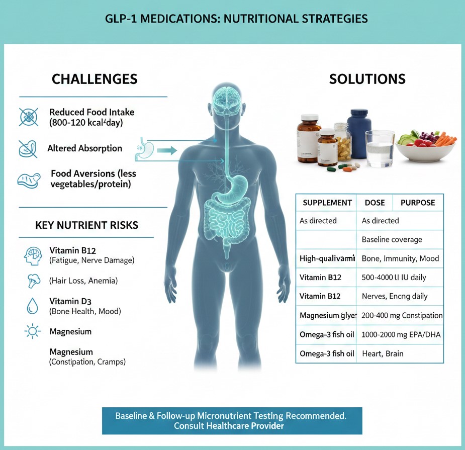 Infographic showing nutritional strategies for people using GLP-1 medications, including common challenges, nutrient risks and suggested supplements such as vitamin B12, vitamin D, magnesium and omega-3.