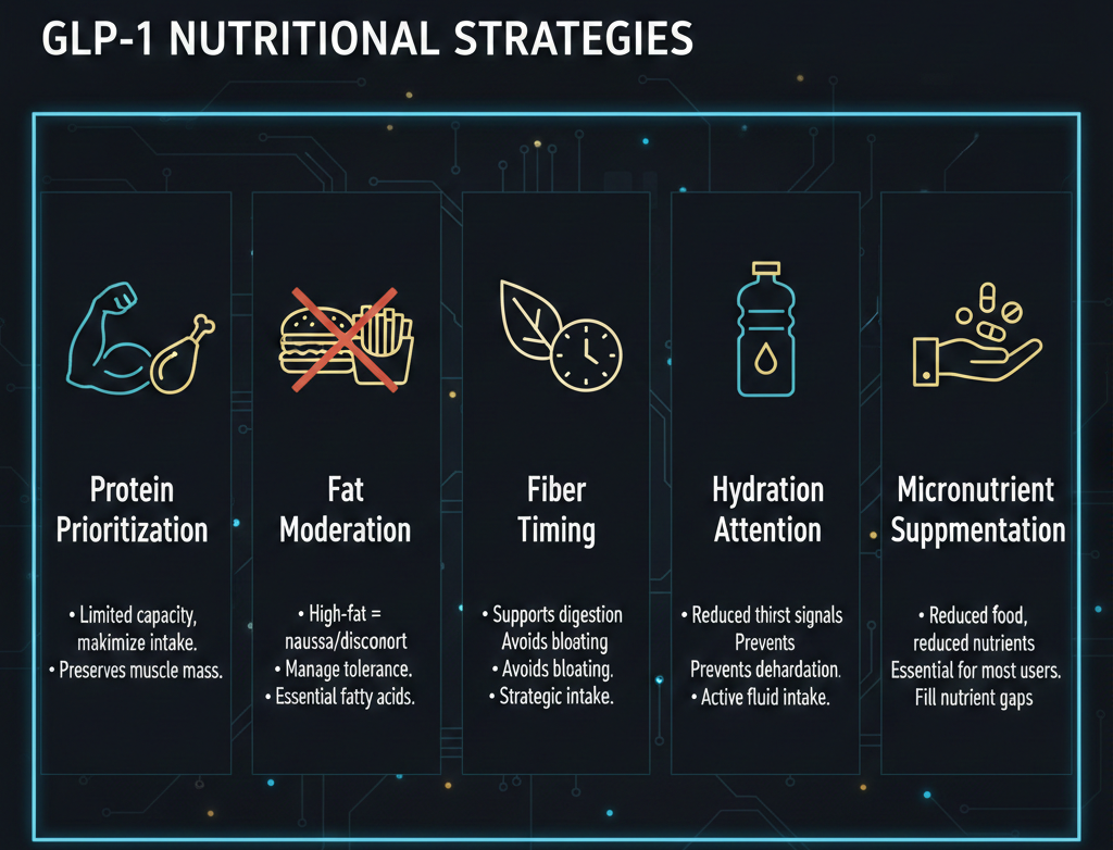 Infographic outlining GLP-1 nutrition strategies including prioritizing protein, moderating fat intake, timing fiber consumption, maintaining hydration, and supplementing micronutrients to support digestion and overall health.