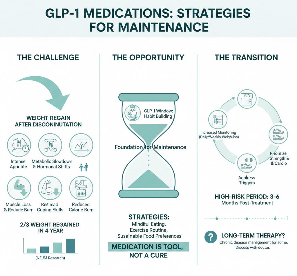 Infographic on GLP-1 medications maintenance strategies, covering challenges like metabolic slowdown and weight regain, habit-building opportunities, high-risk transition period and proactive preparation.