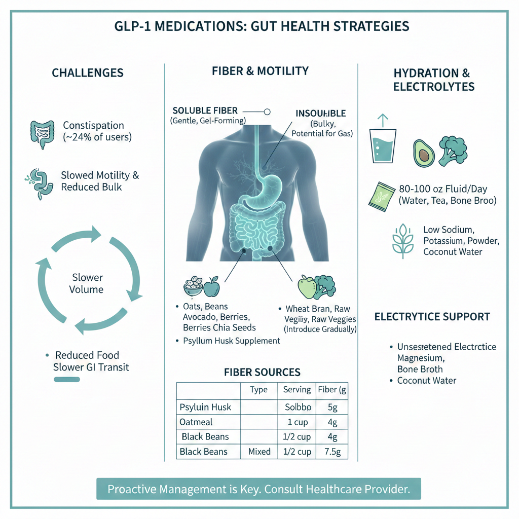 Infographic about GLP-1 medication gut health strategies, showing constipation, slowed motility, fiber choices, hydration, electrolytes and recommended fiber sources.